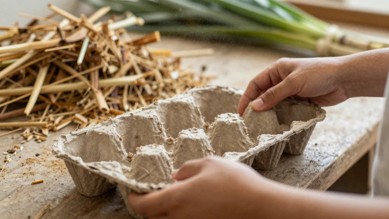 Hands molding biodegradable packaging from agricultural waste in a workshop
