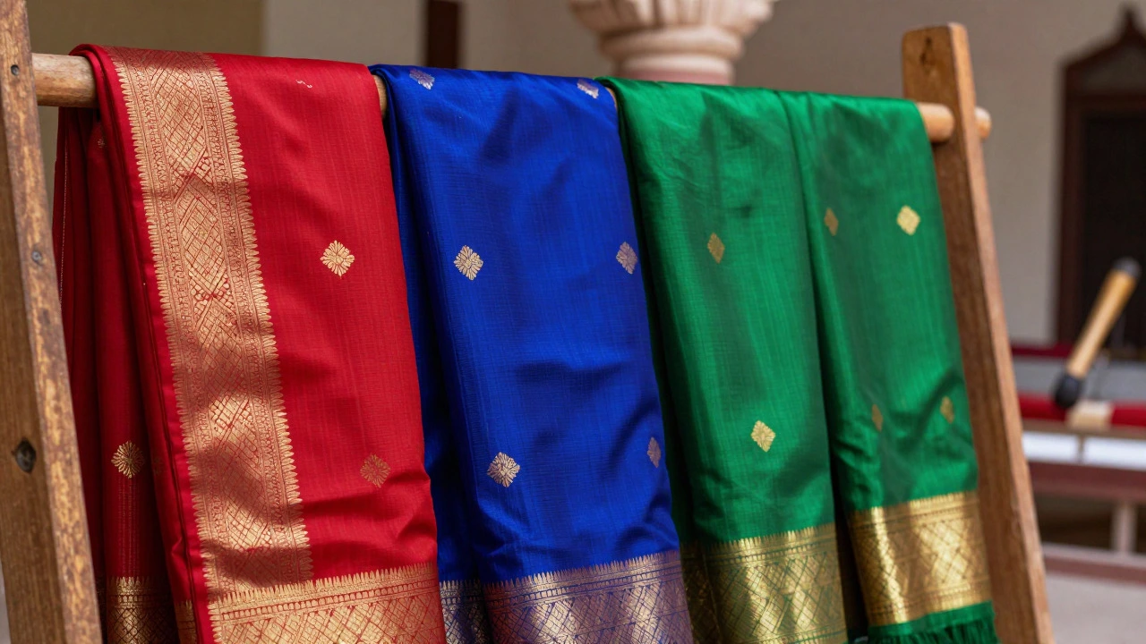 Luxurious silk sarees displayed in a traditional Mysuru weaving center