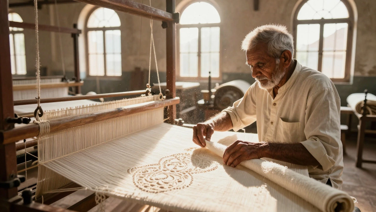 Master weaver inspecting cotton fabric in a historic Coimbatore mill