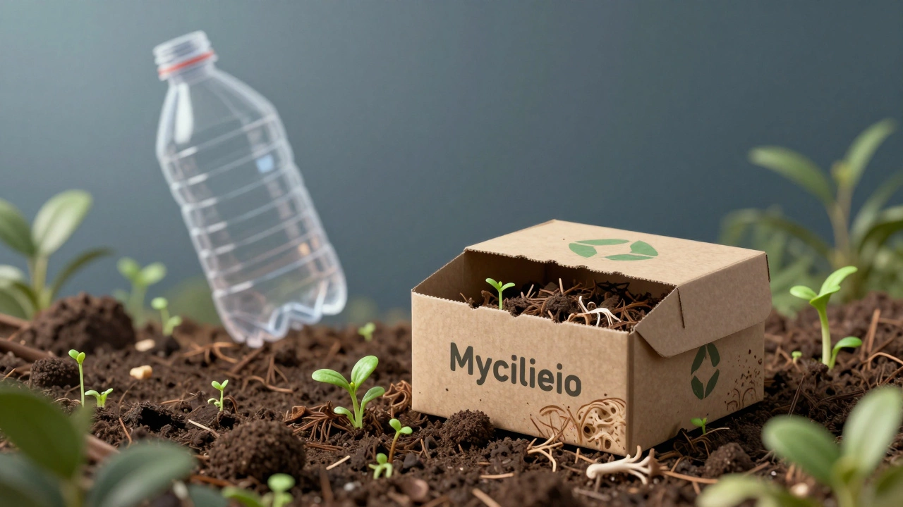 Mycelium packaging composting in soil next to a ghostly outline of persistent plastic