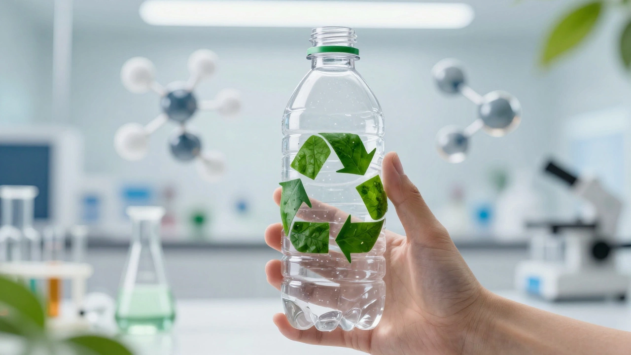 Recycled plastic bottle with green elements symbolizing sustainable innovation