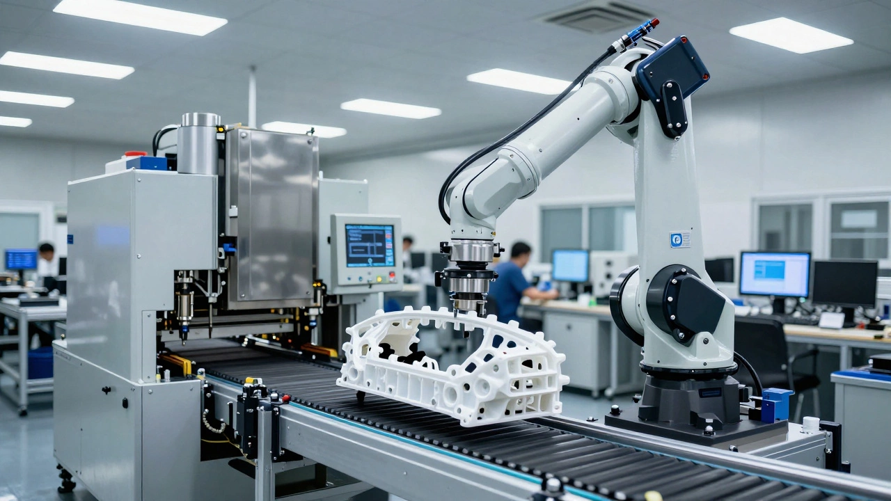 Robotic arm molding car parts in a modern plastic manufacturing plant