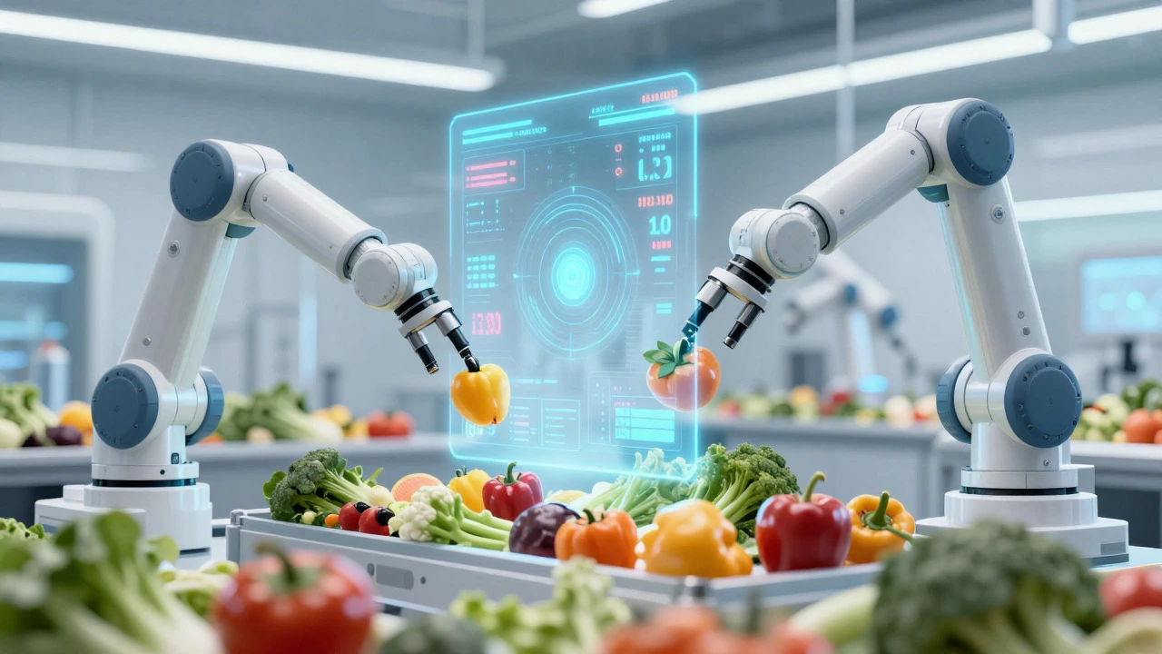 Robotic arms sorting produce in a futuristic lab with holographic data overlays