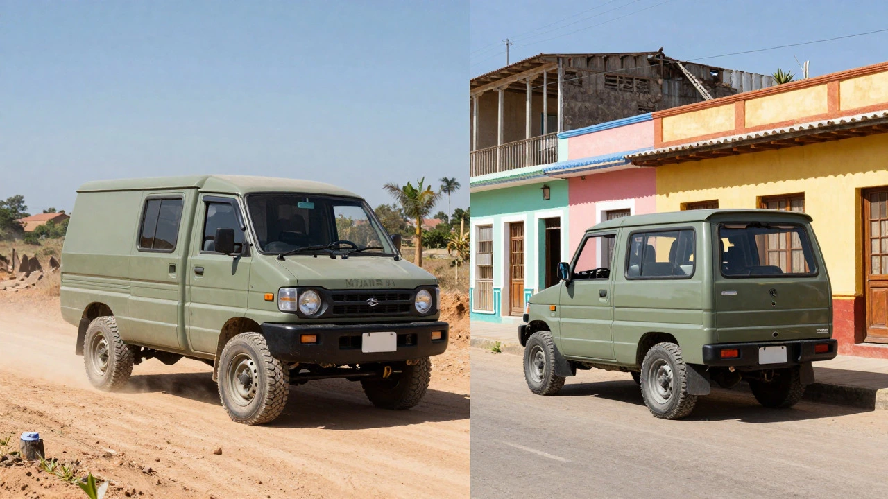 Rugged utility vehicles driving on dusty roads and city streets