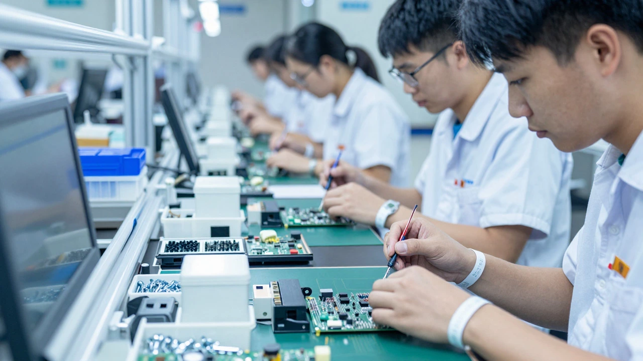 Technicians assembling electronics on a modern Vietnamese production line