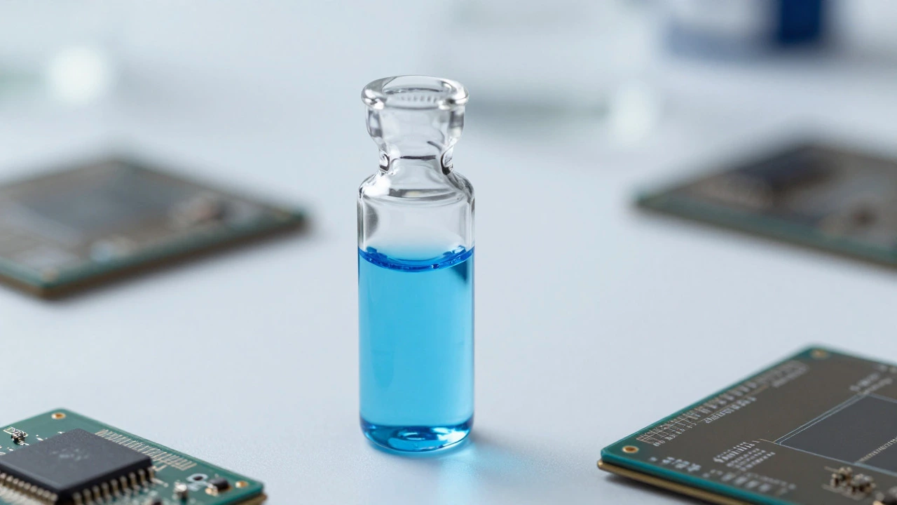 Blue liquid in a vial next to semiconductor wafers in a lab