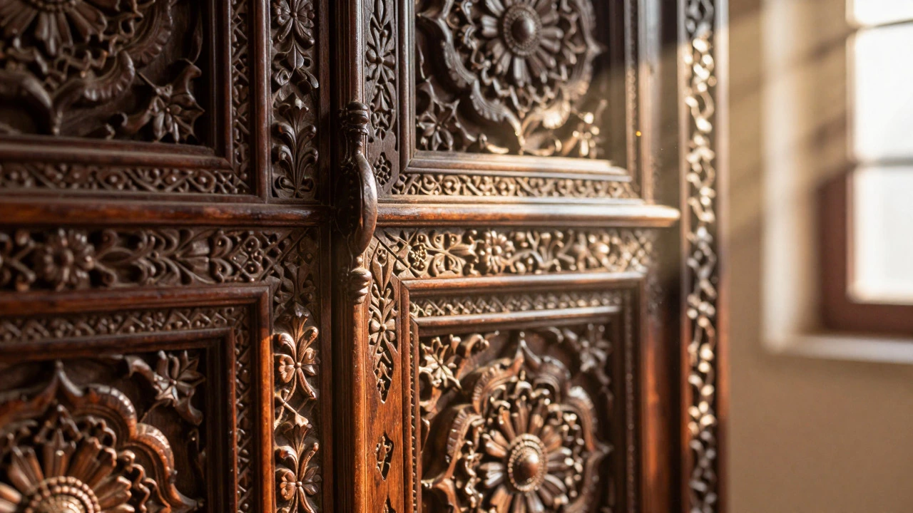 Close-up of intricate hand-carved floral patterns on antique Indian rosewood