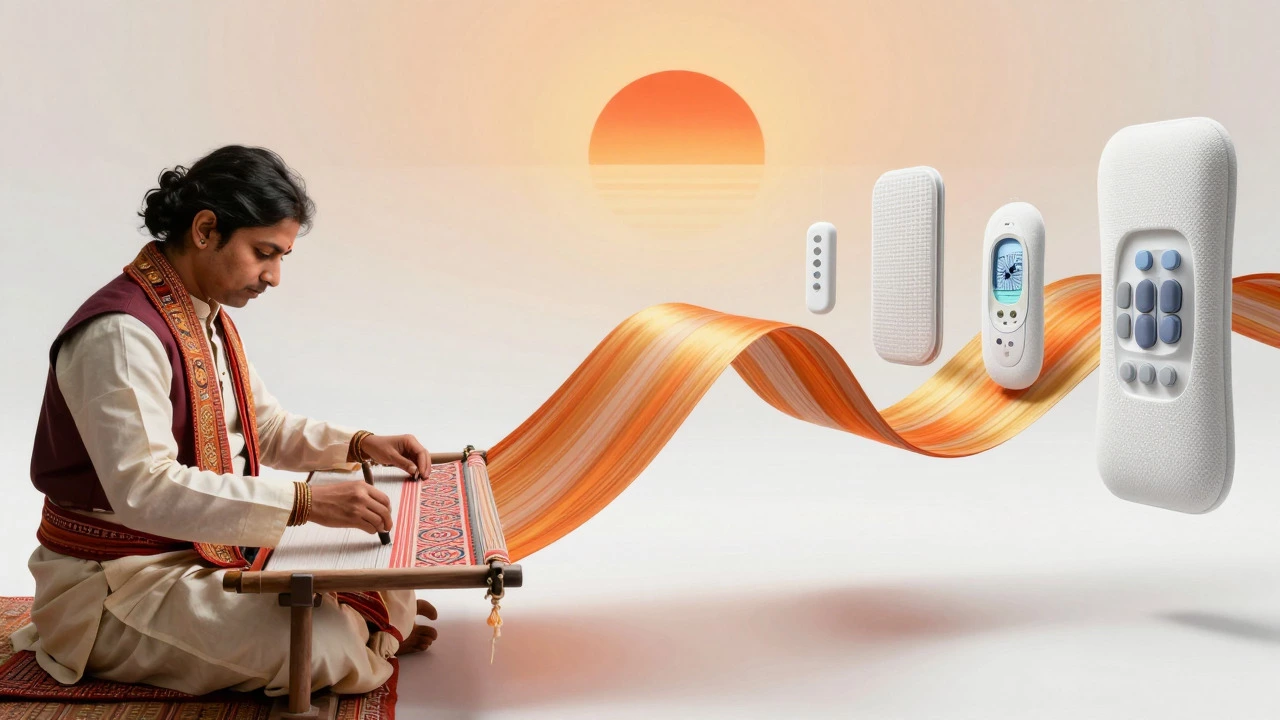 Conceptual art merging traditional handloom weaving with futuristic technical textiles in India.