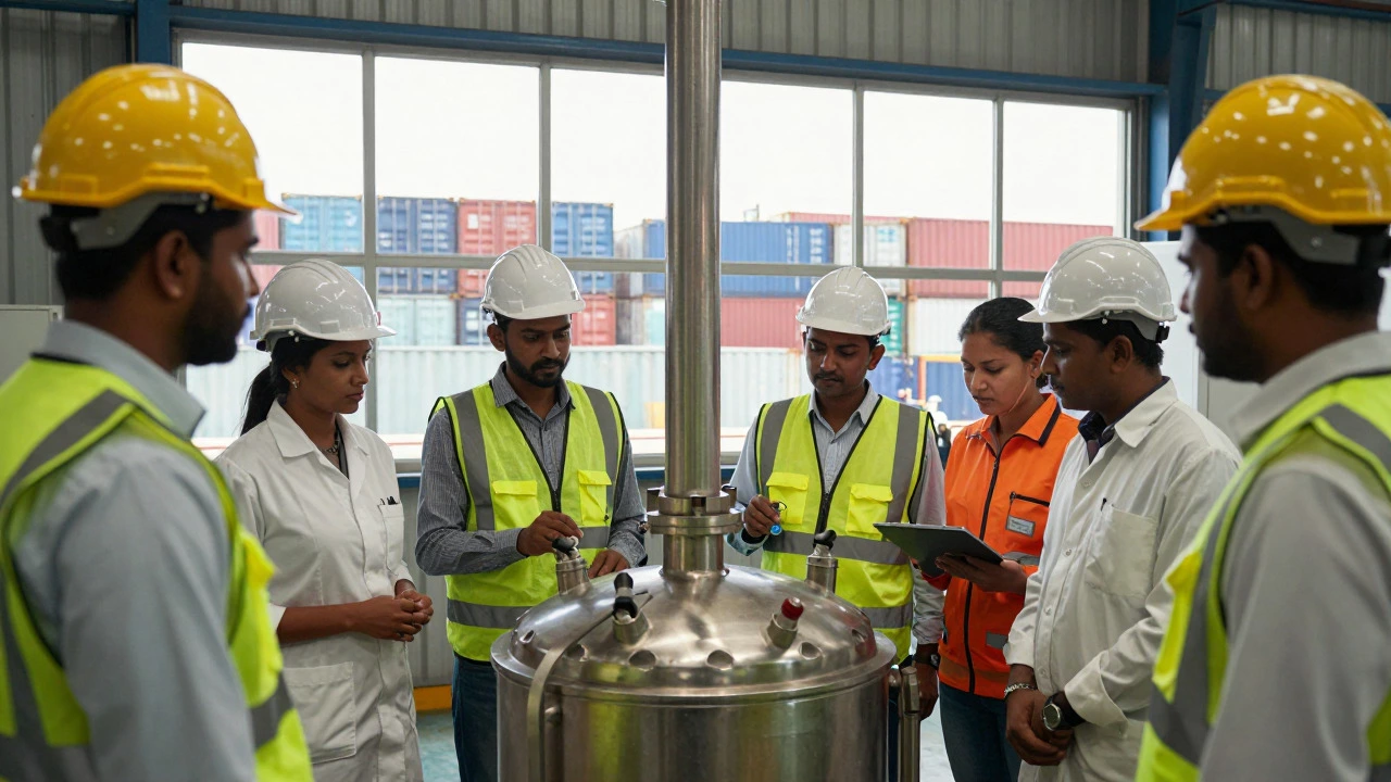 Engineers inspecting chemicals in an Indian factory with port view