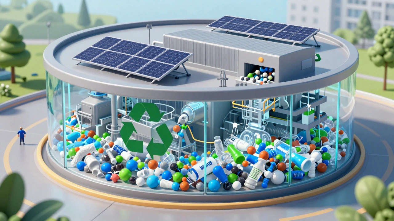 Futuristic chemical recycling facility processing plastic waste sustainably
