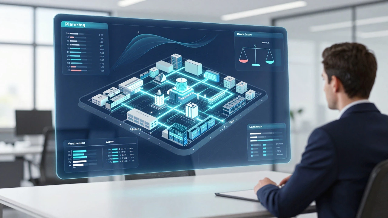 Holographic factory map illustrating strategic operations management and department links