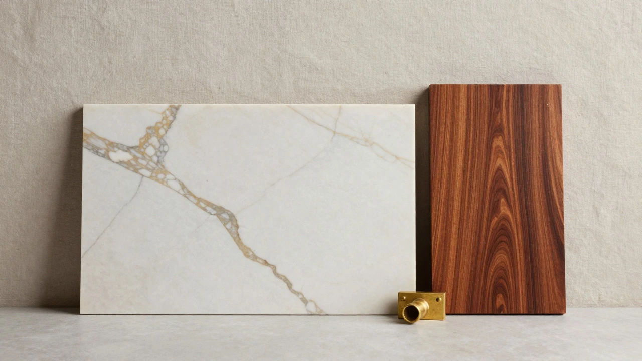Luxury materials including Calacatta marble and rare rosewood wood slab