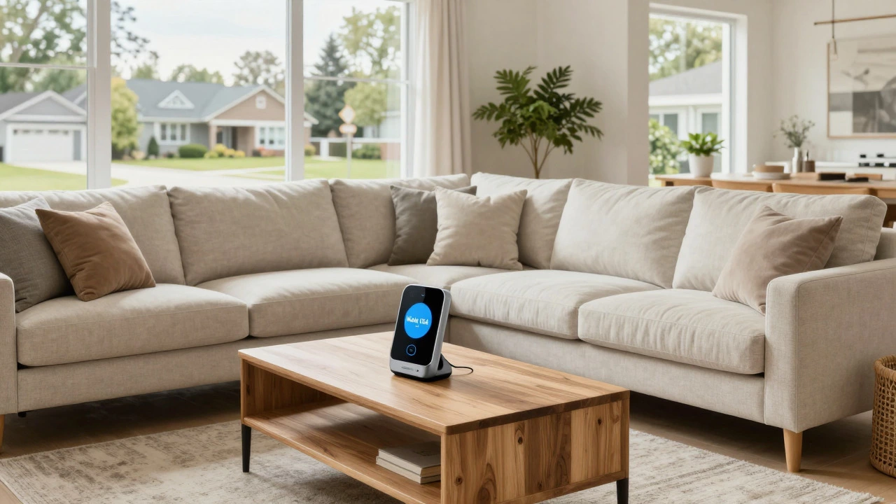Modern US living room featuring premium upholstered sofa and smart home furniture