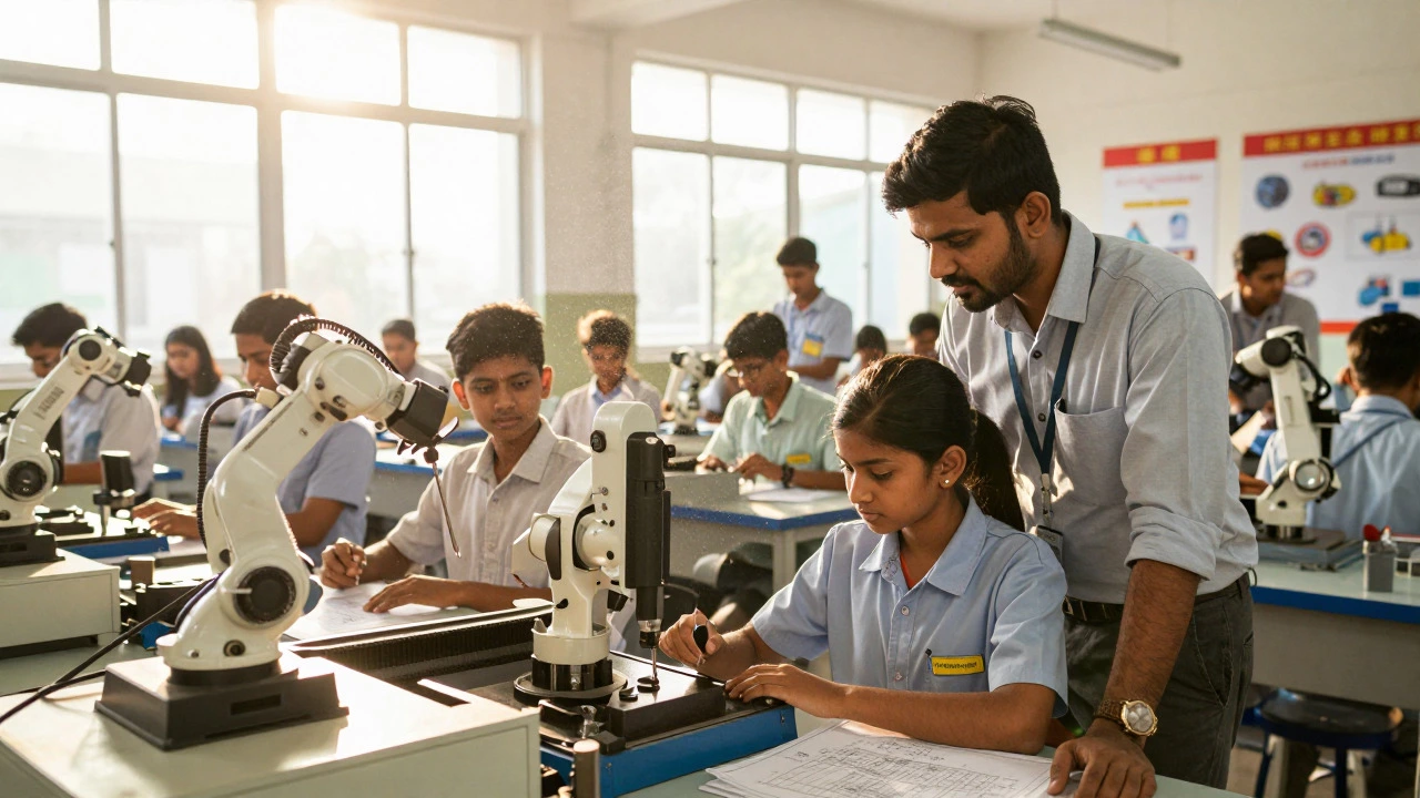 Students learning CNC machining skills at an Indian vocational training center