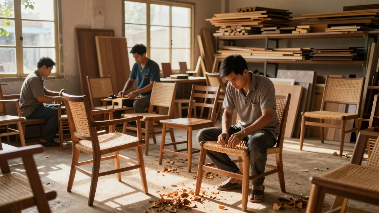 Vietnamese artisans crafting solid wood and rattan furniture in a sunlit workshop