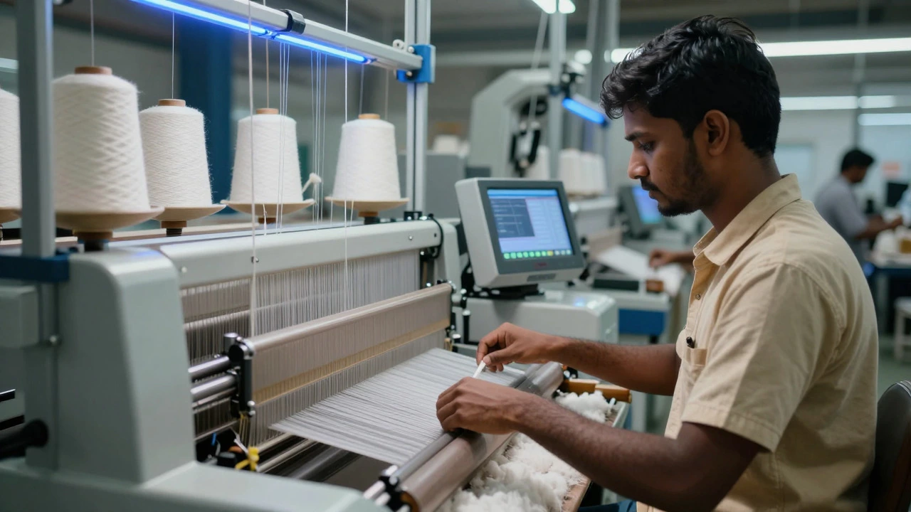 Young worker operating an automated digital loom in a modern, high-tech Indian textile mill.