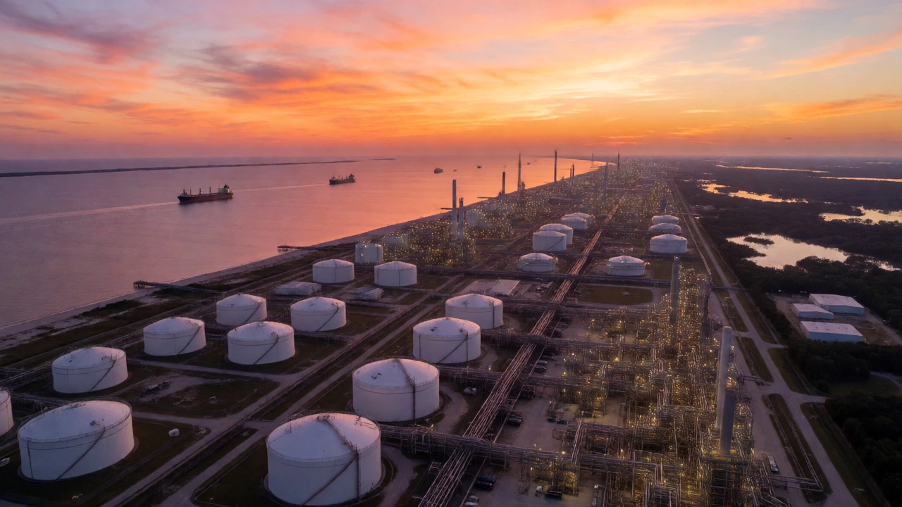Aerial view of US Gulf Coast petrochemical plants at sunset