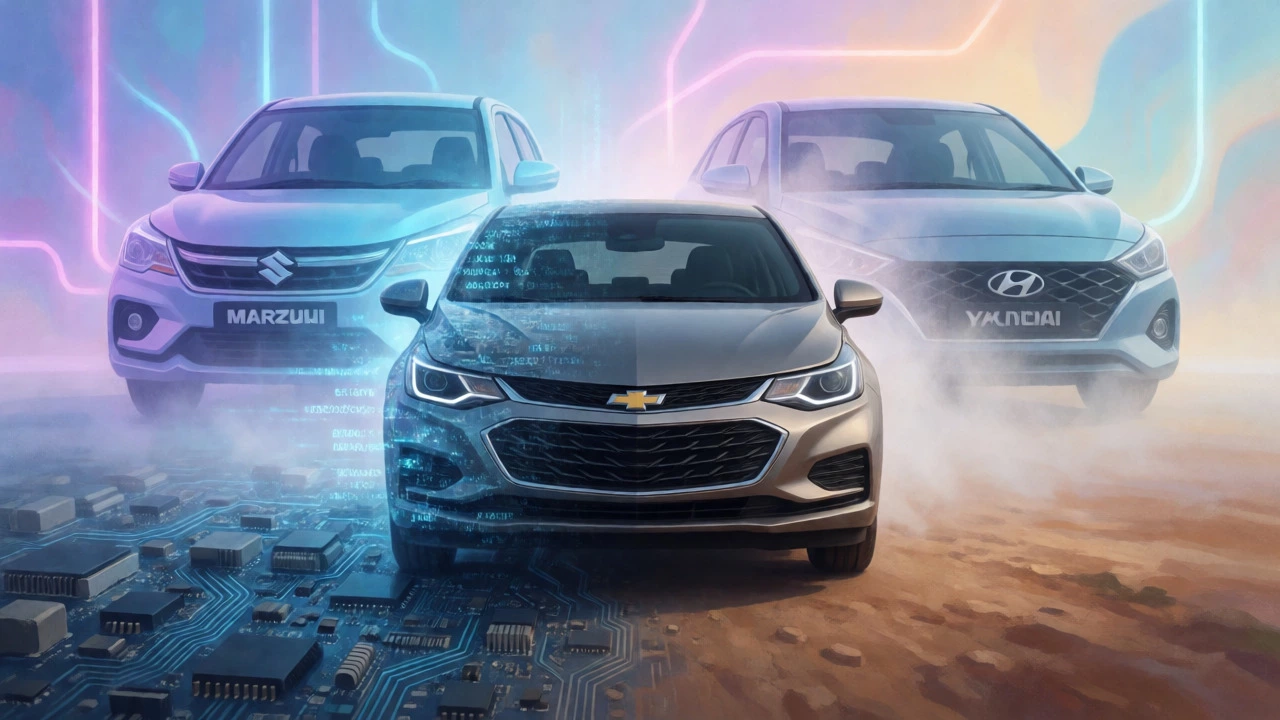 Chevrolet car dissolving into digital code beside solid competitor silhouettes.