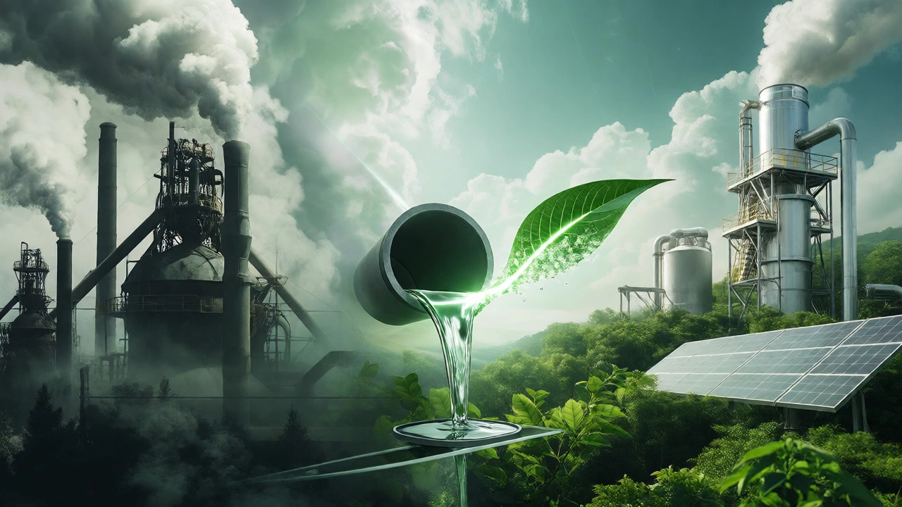 Conceptual art contrasting old blast furnaces with future green hydrogen steel