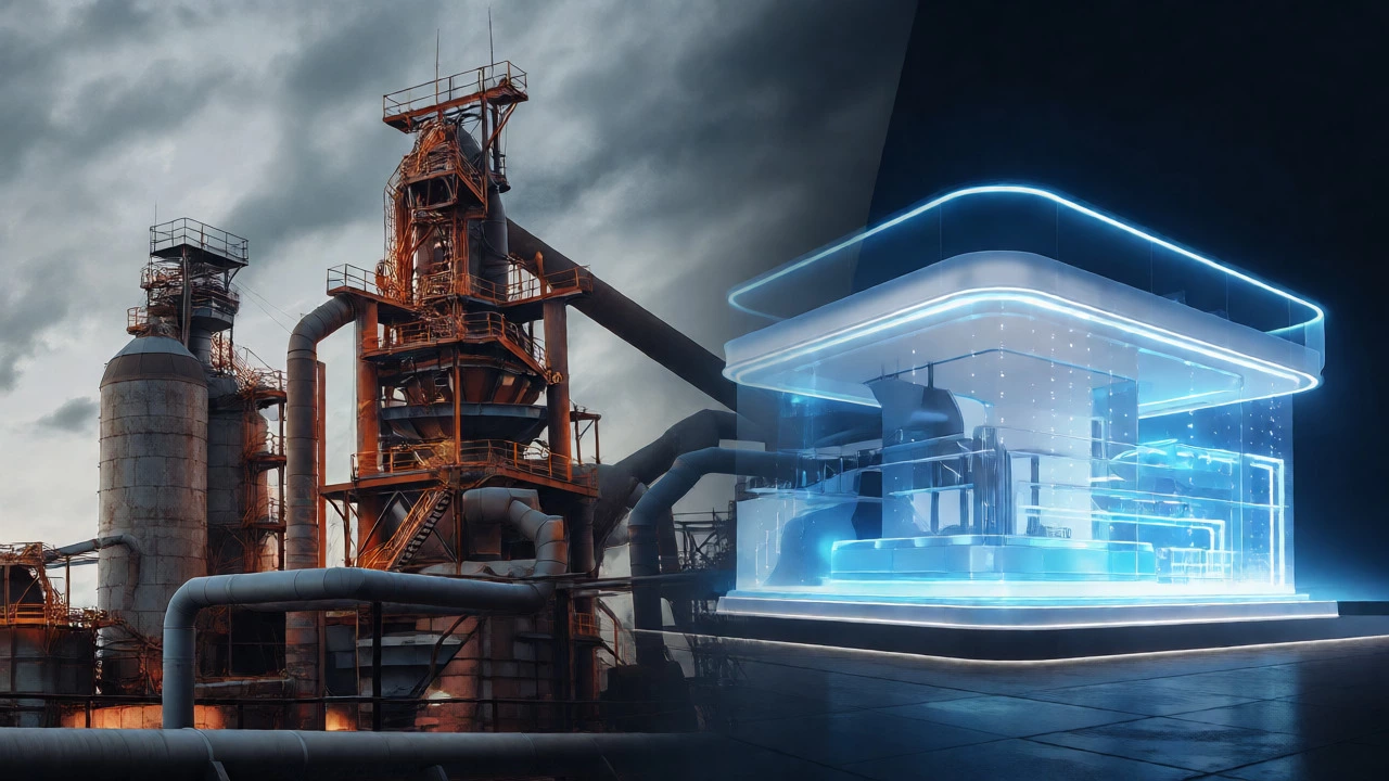 Conceptual image blending historic steelworks with futuristic green hydrogen technology.