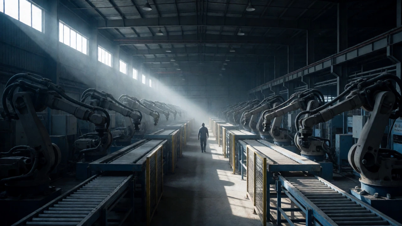 Empty, dust-covered assembly line inside the abandoned Halol GM factory.