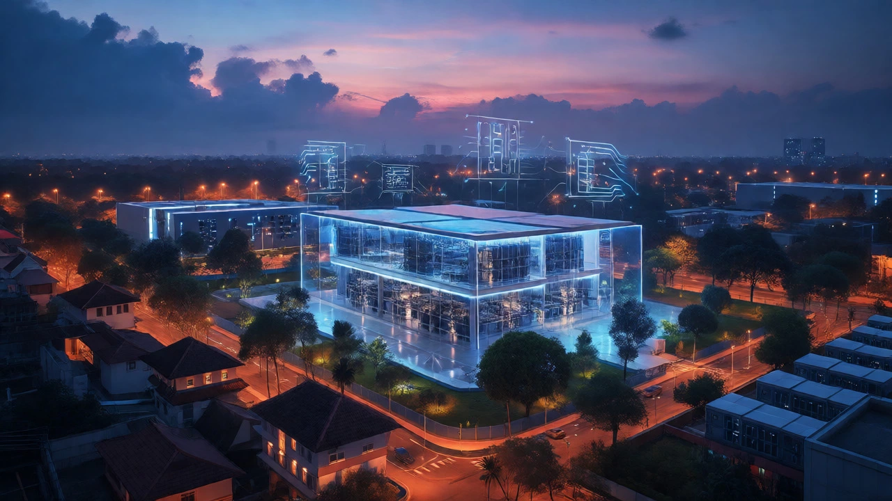 Futuristic semiconductor facility blending tech and traditional architecture