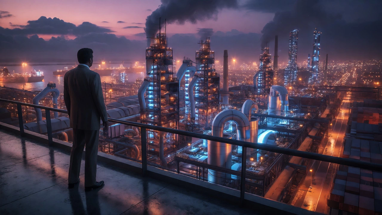 Lakshmi Mittal overlooking a vast modern ArcelorMittal steel plant at dusk