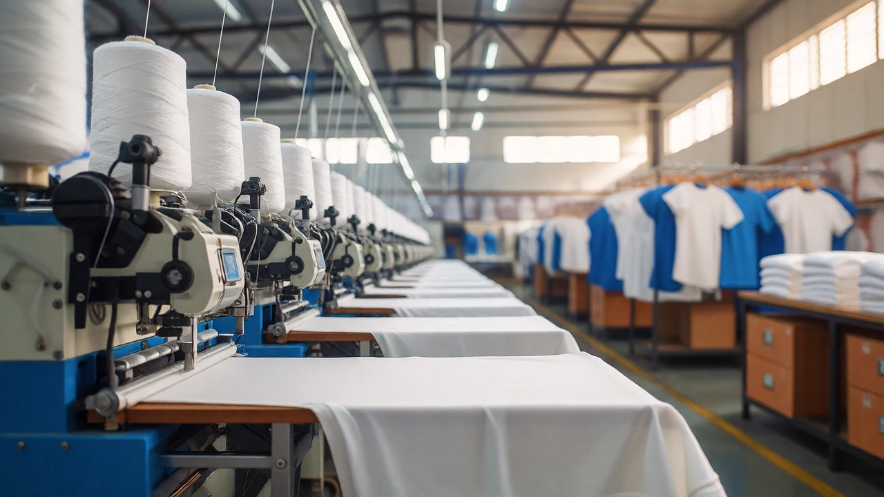 Modern knitting machines producing cotton garments in a bright Tirupur factory