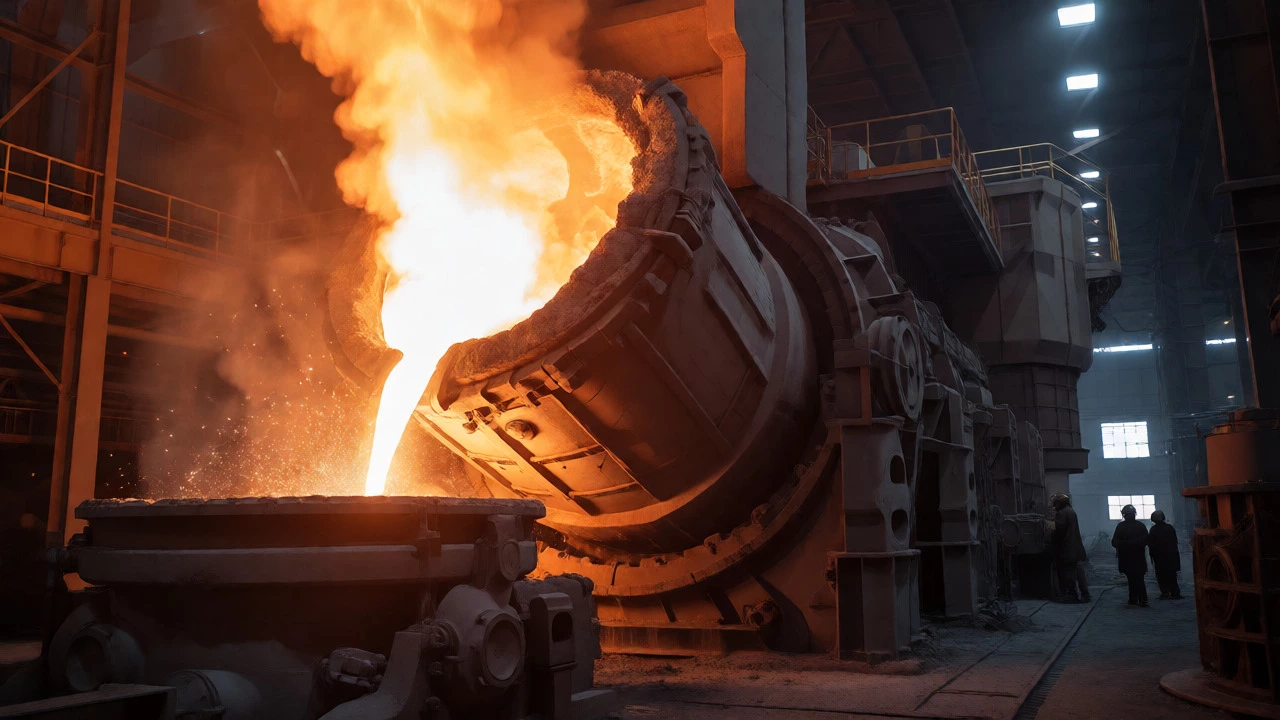 Molten steel being poured from a basic oxygen furnace inside an integrated steel plant.