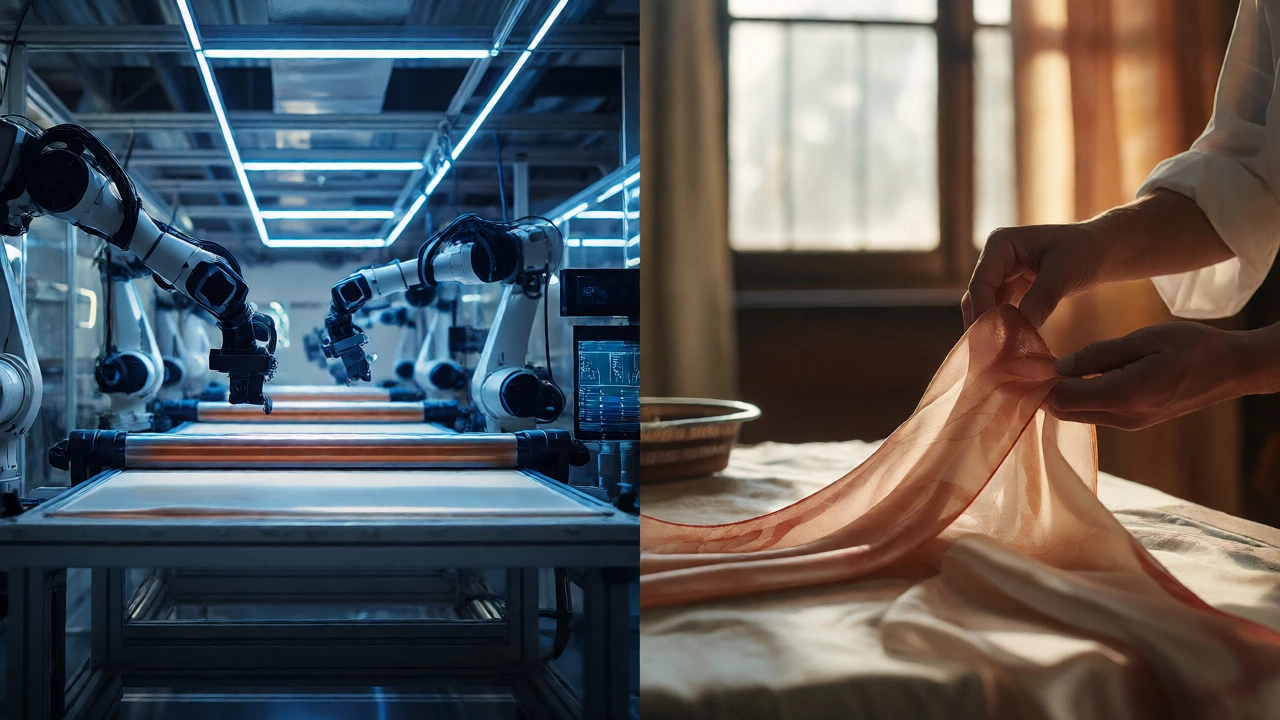 Split view comparing high-tech Chinese manufacturing with Italian silk craftsmanship