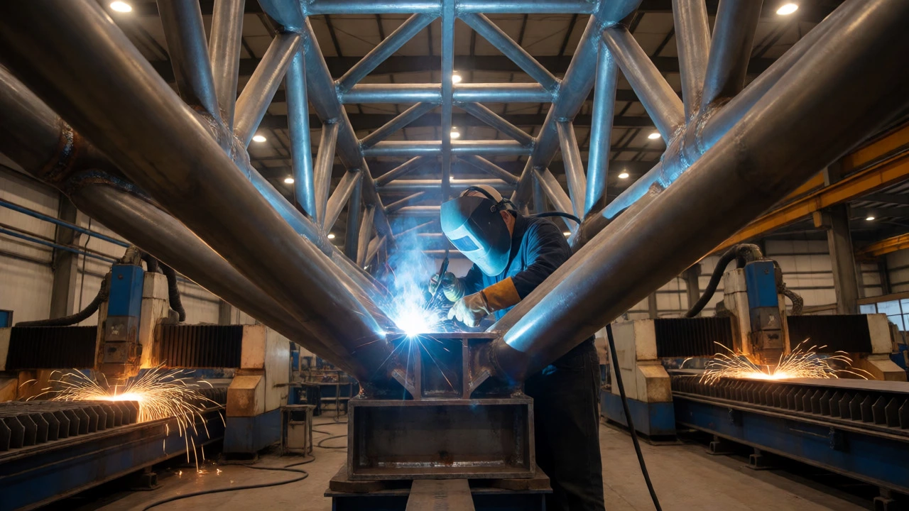 Welder fabricating complex structural steel beams in a high-capacity workshop.