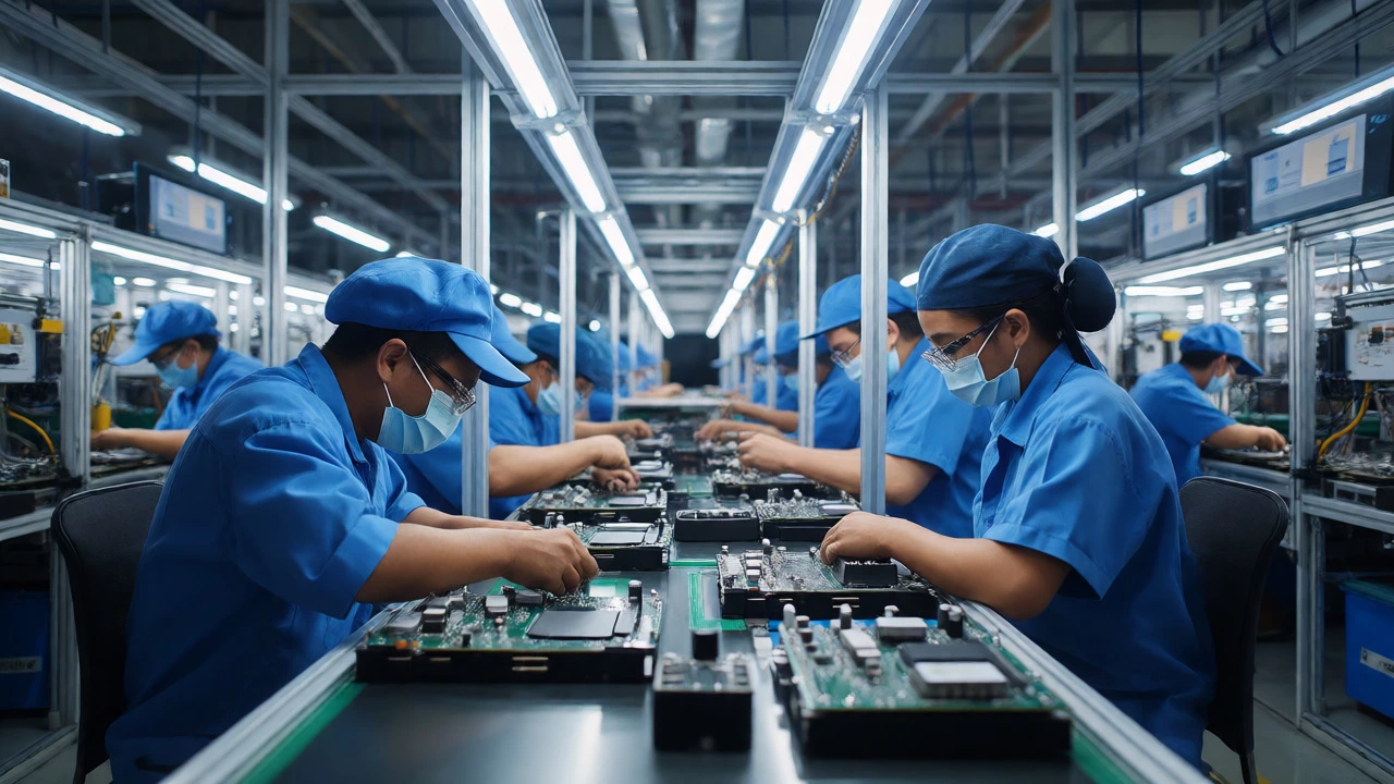 Workers assembling electronics on a modern production line in Peenya