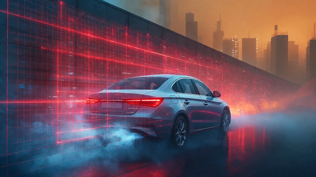 Car facing red laser emission test barriers in smoggy urban setting