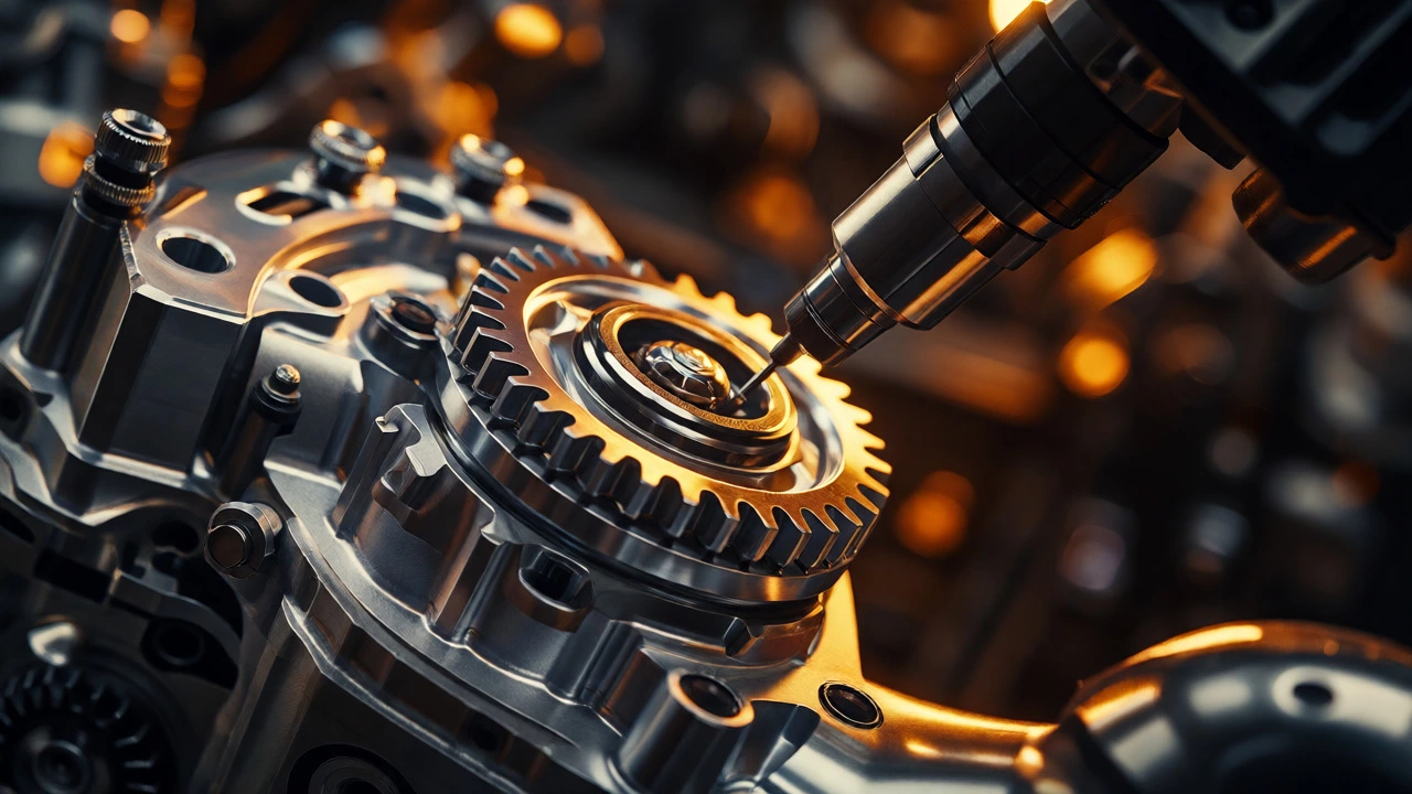 Close-up of precision-engineered metal component under laser inspection in a workshop.