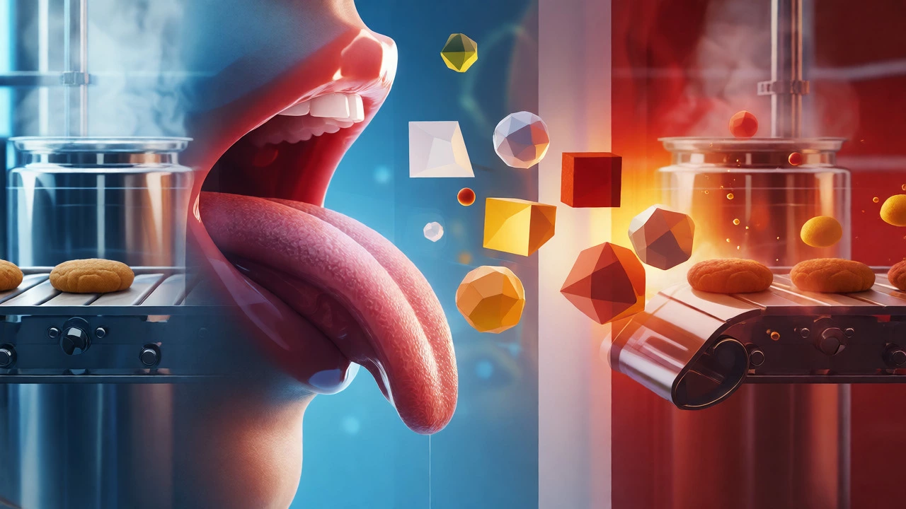 Conceptual art linking sensory taste perception with industrial food engineering processes.