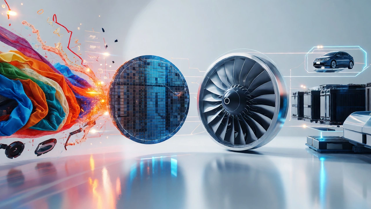 Conceptual visualization of global manufacturing networks featuring chips and engines.