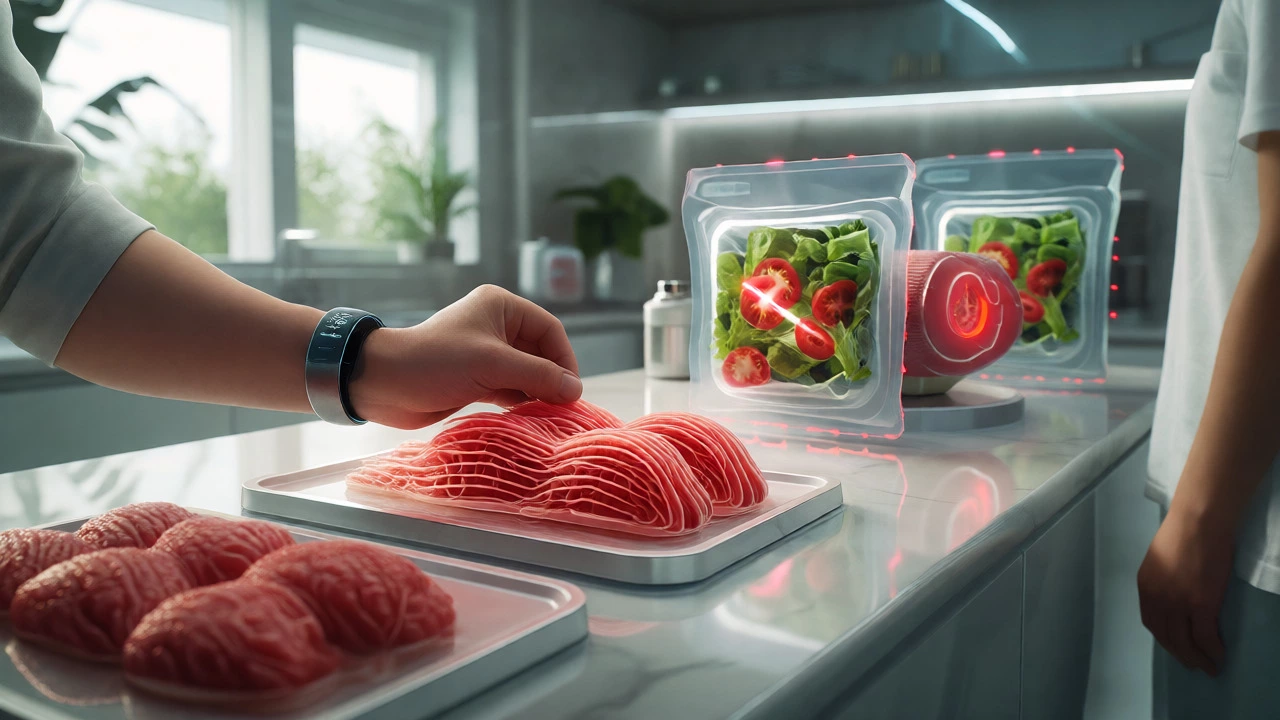 Modern kitchen featuring plant-based meat extrusion and smart packaging for personalized nutrition.