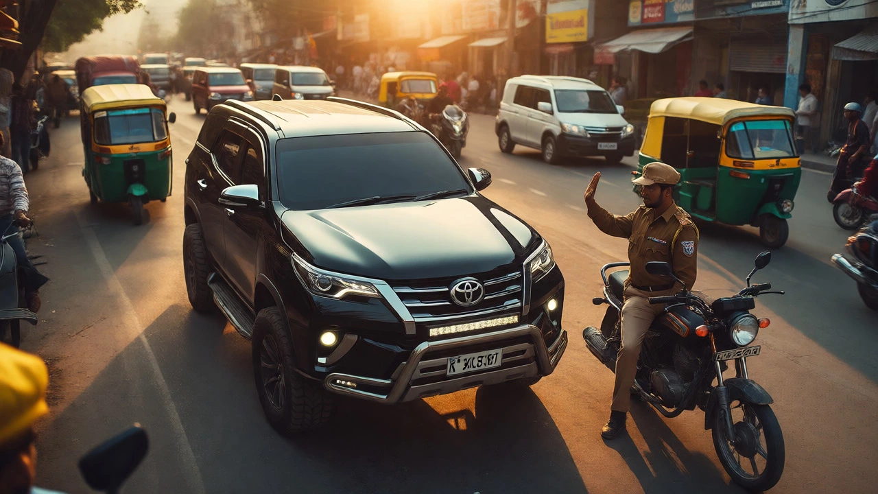 Police stopping modified SUV with loud exhaust in crowded Indian street
